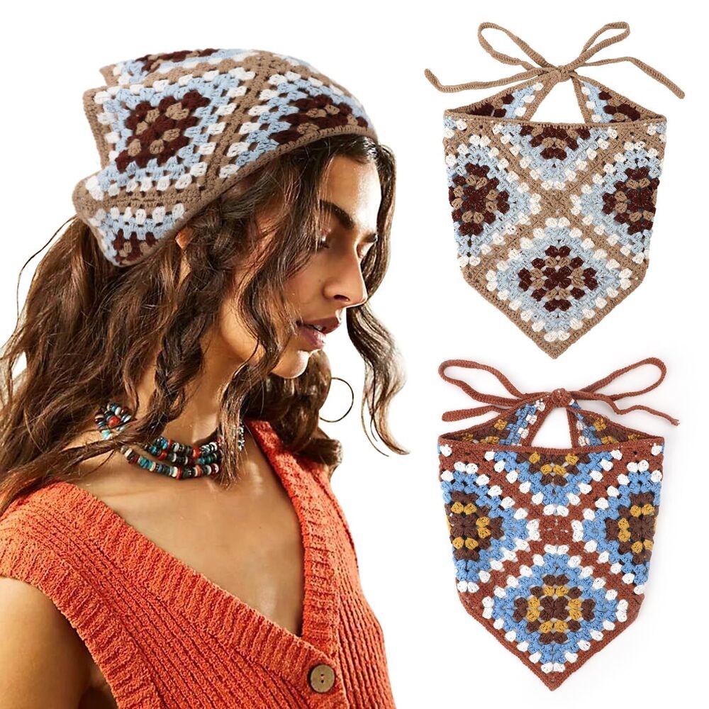 6777 Floral Crochet Hair Bandana Tie Knotted Headscarf Vintage Headband